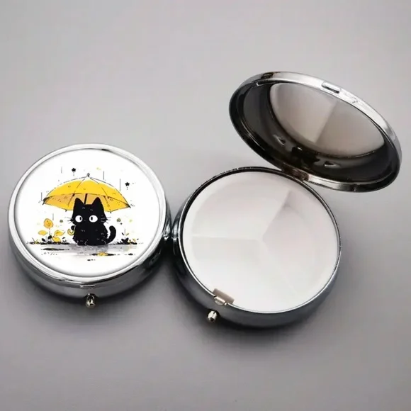 NIB Compact 3-Compartment Metal Pill Case with Black Cat Design - Picture 12 of 13